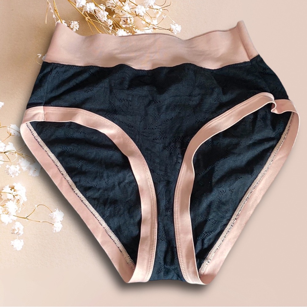 TELL TALE NWOT Black Lace Retro Brief with Nude Satin Trim, Size M.